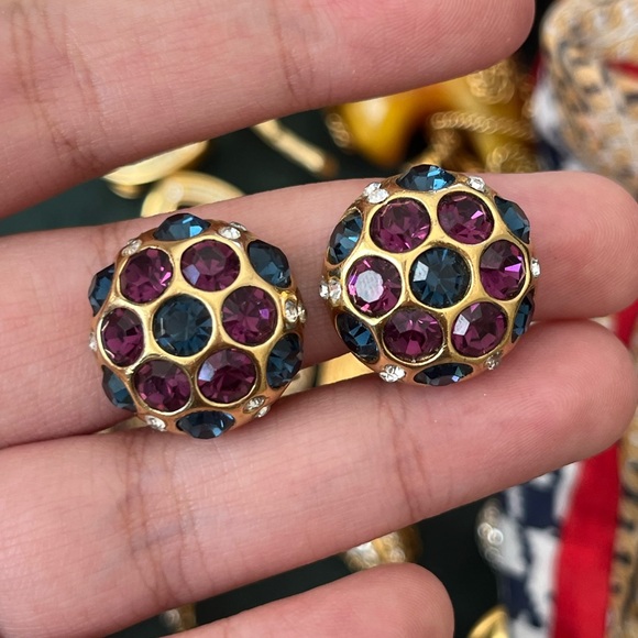 Vintage Christian Dior Blue Purple Rhinestone Cluster Ball Gold Clip-On Earrings - Picture 1 of 10